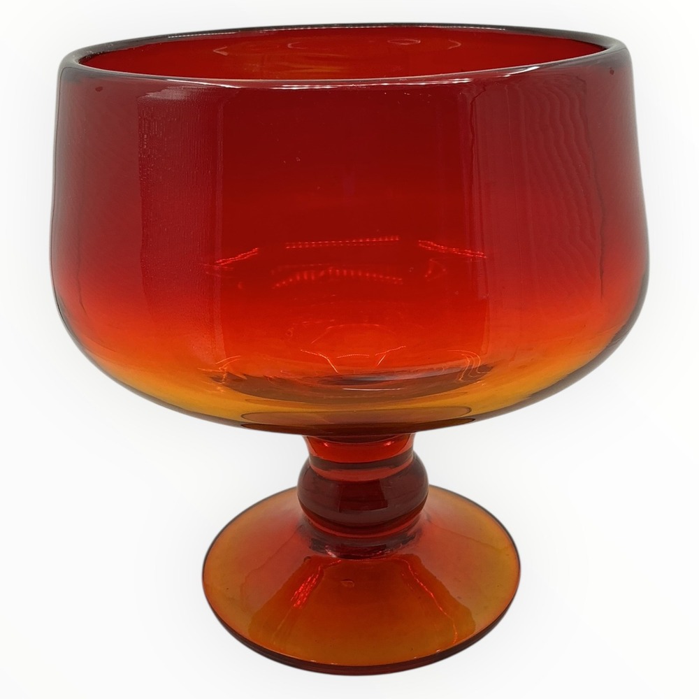 Blenko Tangerine Hand Blown Glass Footed Bowl Pedestal Compote 6.75 inches MCM - Picture 8 of 11
